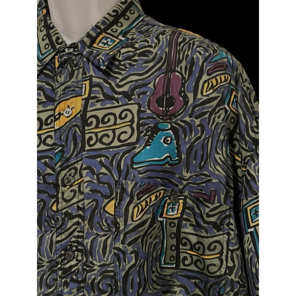 VINTAGE City Streets Hipster Silk Color Artsy‎ All Over Abstract Shirt L